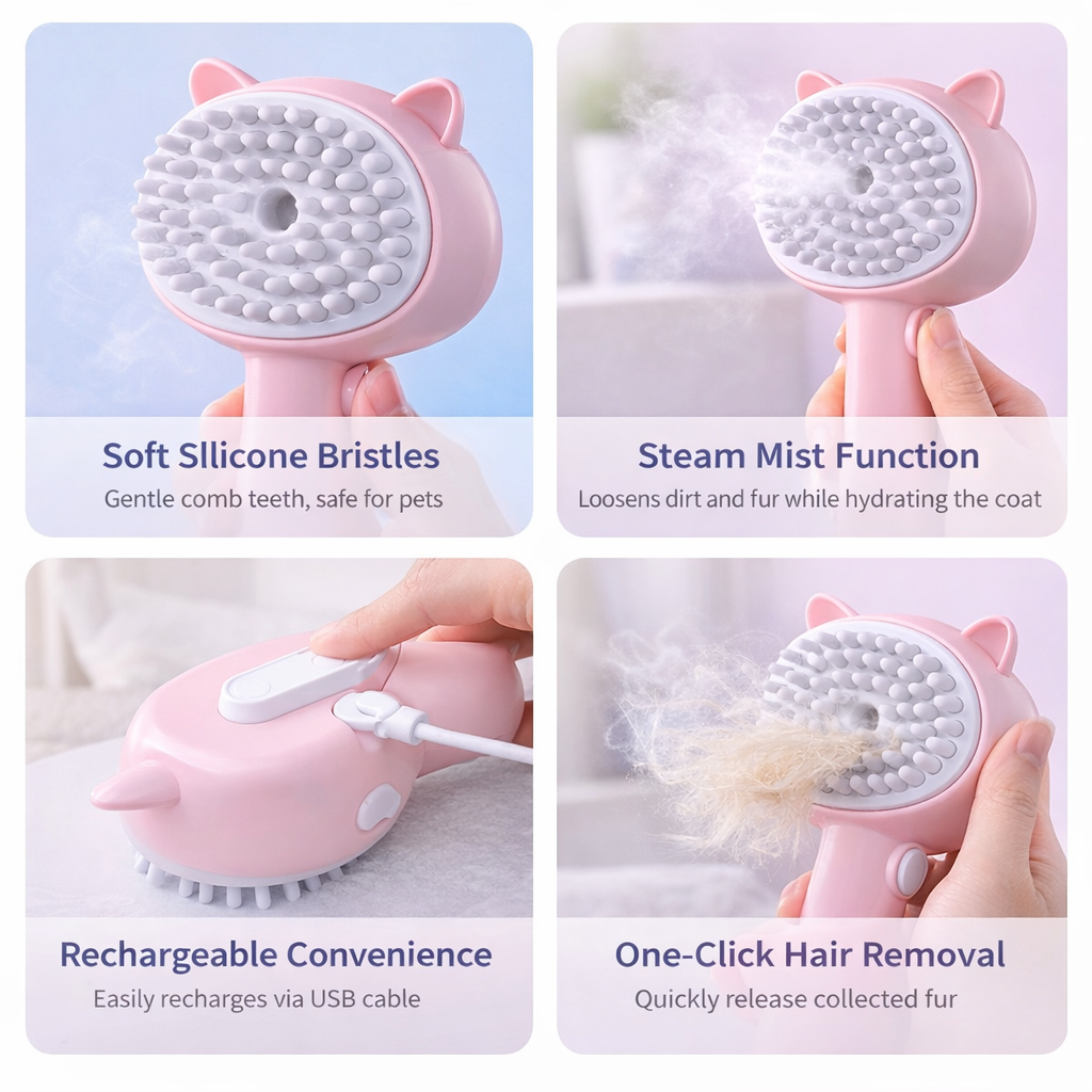 Rechargeable Mist Grooming Brush – Self-Cleaning Detangling Slicker for Pets