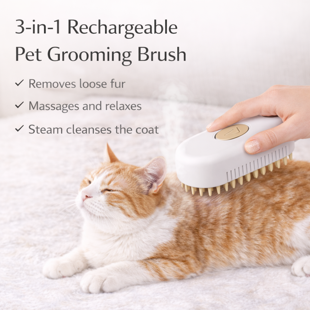 Rechargeable Steamy Pet Grooming Brush– 3-in-1 Fur Remover & Massager