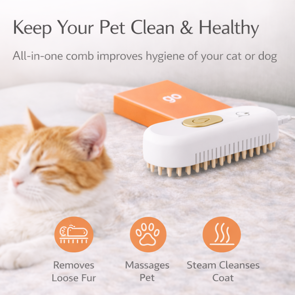 Rechargeable Steamy Pet Grooming Brush– 3-in-1 Fur Remover & Massager